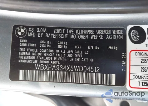 2005 BMW X3 3.0I from USA, damaged, VIN WBXPA934X5WD04512